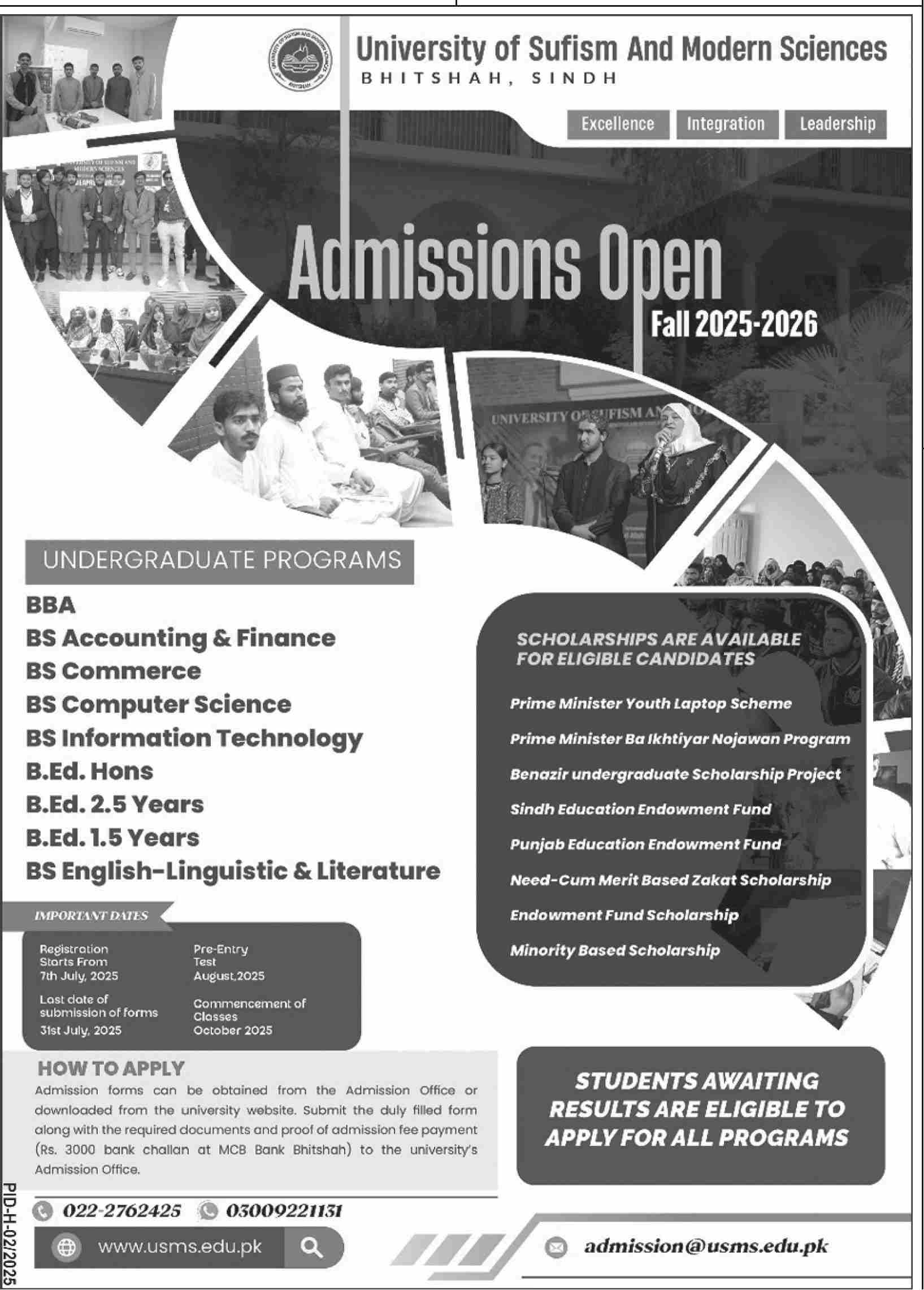 Admission Open in University of Sufism & Modern Sciences Bhitshah